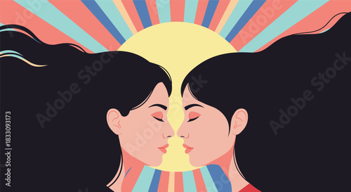 Two women facing each other with eyes closed against a backdrop of a sunburst with colorful stripes.