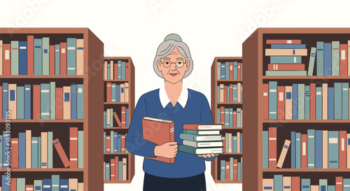Elderly woman in glasses holding books between library bookshelves.
