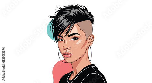 Stylized illustration of a young woman with a trendy undercut hairstyle and hoop earrings.