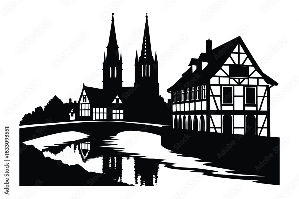 Naklejka premium : Strasbourg Canal with Half Timbered Houses and Cathedral 