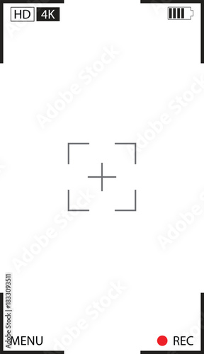 Camera viewfinder interface elements with focus crosshairs and recording indicators.