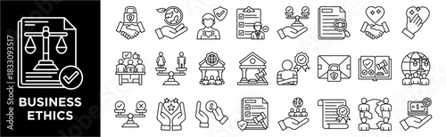 BUSINESS ETHICS icon collection set. Containing design integrity, honesty, transparency, accountability, fairness