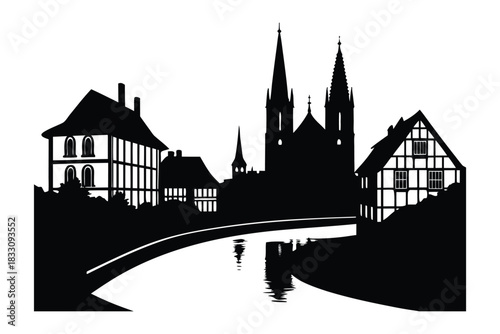: Strasbourg Canal with Half Timbered Houses and Cathedral 