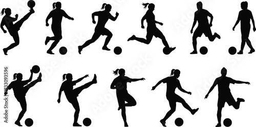 Silhouettes of soccer players in dynamic action poses, football athletes kicking, dribbling, running, training, sports movement illustration set