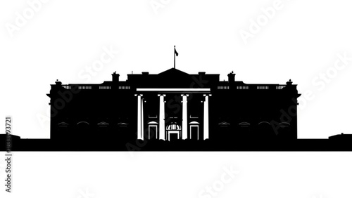 Silhouette of the white house with flag on top and visible columns and windows and doors showing detail