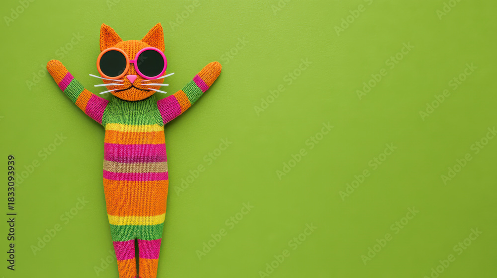 Fototapeta premium Joyful clay cat wearing vibrant clothes and stylish sunglasses. Funny handmade colorful striped animal character on green background copy space