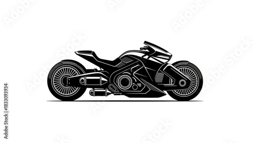 Illustration of a futuristic motorcycle with sleek design and dark color scheme on a white background