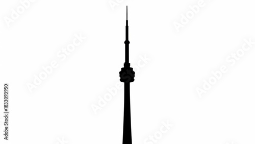 Silhouette of a tall tower with a spire and a viewing platform against a white background image view