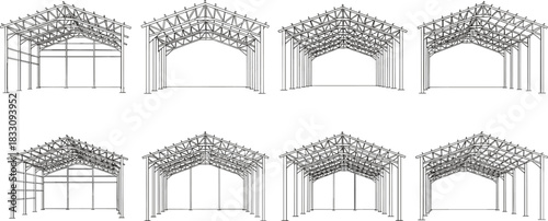 Detailed steel structure building frame illustration showing trusses, beams, columns, industrial construction design, engineering layout, metal framework perspective views