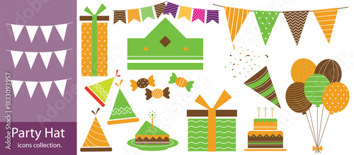 party hat icons set,Birthday Icons Set. Birthday Gifts. Filled icon set of Birthday Gifts: birthday box, ribbon bow, cake,