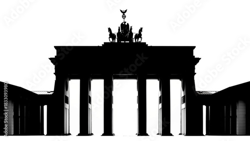 Silhouette of brandenburg gate featuring quadriga statue against a bright white background in berlin germany