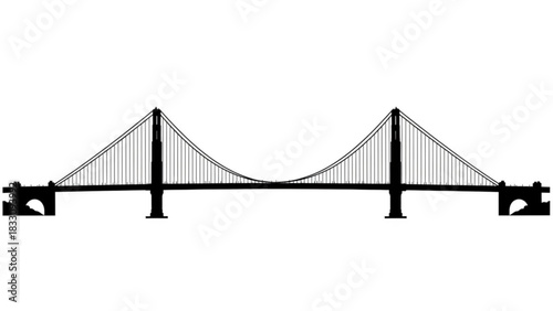 Silhouette of a suspension bridge with two towers and cables spanning across a white background view