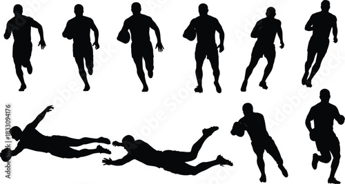 Silhouettes of athletes running and diving with a rugby ball, showcasing dynamic sports poses, action movement, competitive gameplay, and athletic performance