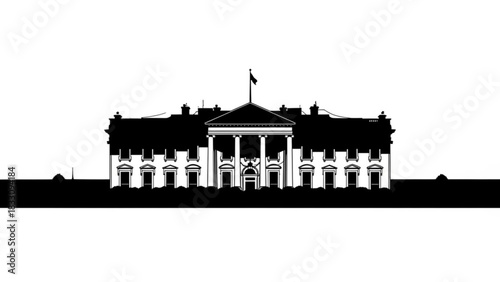 Silhouette of the white house with flag on top and symmetrical windows and columns in black and white style
