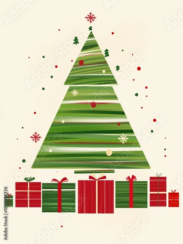 Cartoon Christmas Striped Tree with Gift Boxes Flat Design Decorative Material