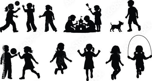 Diverse children silhouettes engaged in various outdoor activities and play kids