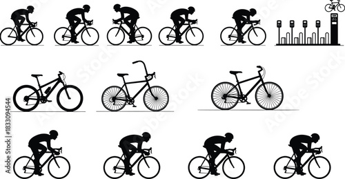 Silhouettes of cyclists riding bicycles with various bike types and cycling poses, showcasing transportation, fitness, urban commuting, and active lifestyle concepts
