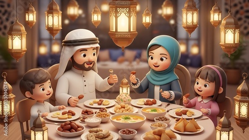 A Muslim family enjoys a meal together at a restaurant with traditional lanterns.