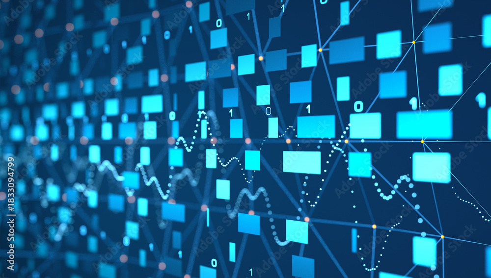 Obraz premium Close up abstract data processing, blockchain system, big data, binary code, encryption. Digital network, technology, innovation, futuristic data concept. 3D illustration