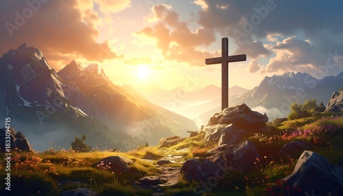 Cross atop a hill overlooking mountains with sun shining through clouds at sunrise/sunset