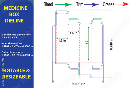 Medicine Box Dieline with Dimensions and Cutting Marks