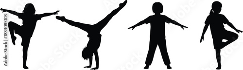 Four children silhouettes performing gymnastic poses and dance moves kids gymnastics