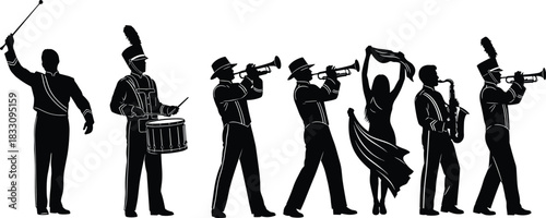 Marching band silhouettes with conductor drummer trumpeters saxophonist and flag bearer