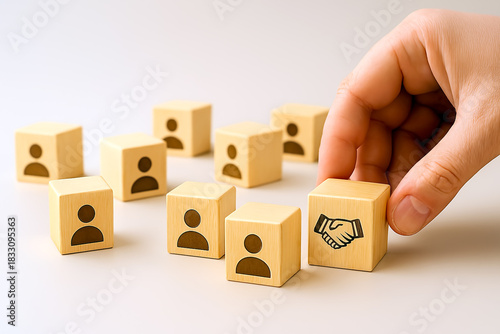 wooden blocks with word help - Selecting Partnership Icon Among Team Blocks – Abstract Business Background for Collaboration and Human Resources