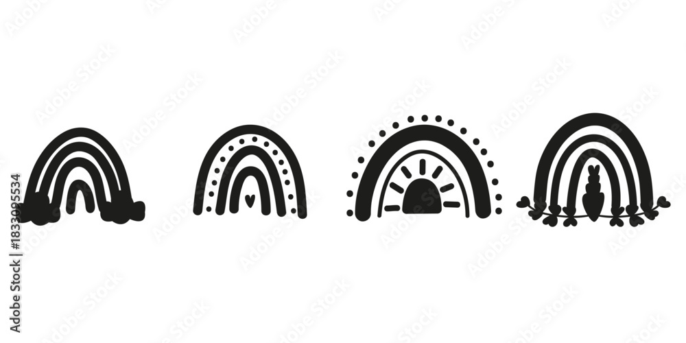 Fototapeta premium Black silhouette boho rainbow trio. Clean modern shapes for branding and invitations