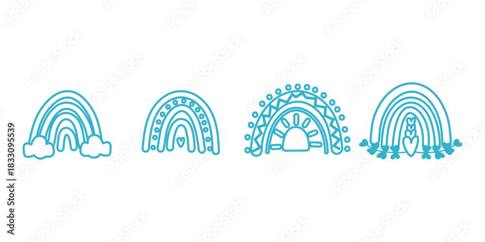 Obraz premium Blue outline boho rainbow set. Soft calm minimalist shapes for nursery prints and invitations