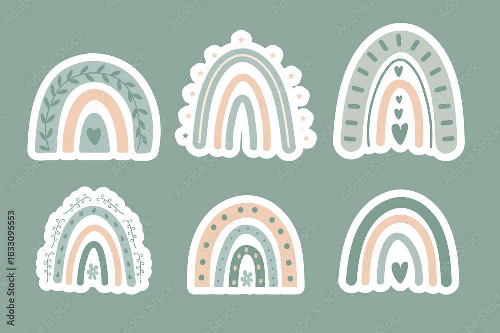 Obraz premium Green boho rainbow sticker pack. Soft earthy pastel stickers for planners and nursery decor