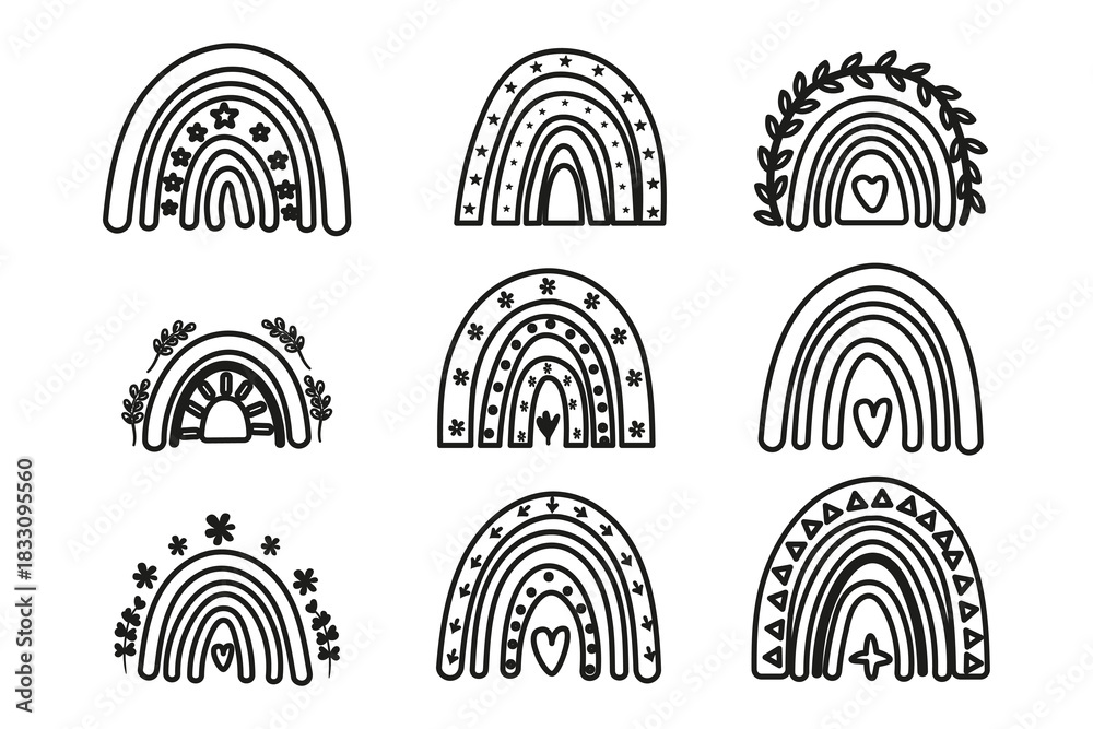 Obraz premium Black outline boho rainbow collection. Modern minimal shapes for prints and invitations