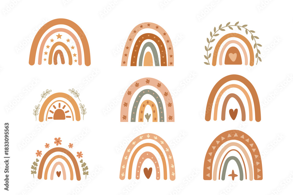 Fototapeta premium Boho earth tone rainbow collection. Warm neutral aesthetic shapes for prints and invitations