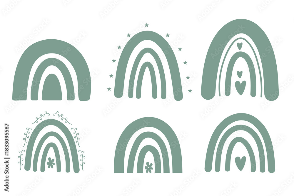 Obraz premium Green silhouette boho rainbow set. Soft earthy minimalist shapes for nursery art