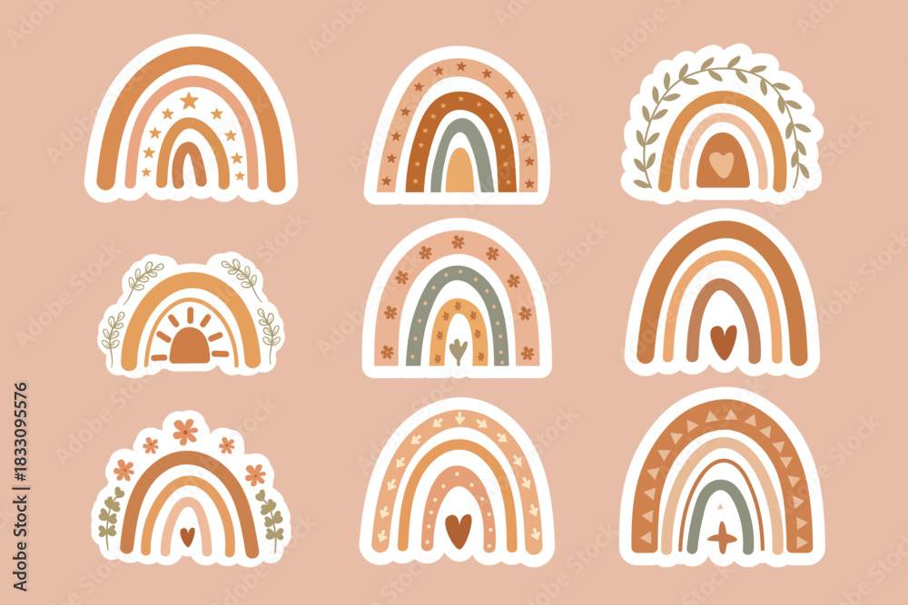 Obraz premium Boho rainbow sticker set. Warm earthy aesthetic pack for planners and invitations