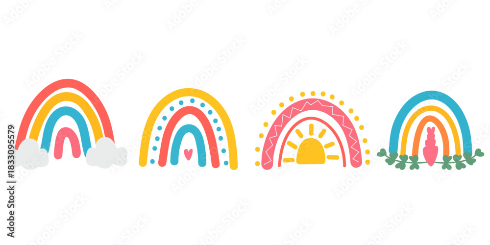 Obraz premium Pastel colorful boho rainbow set. Cute soft aesthetic for kids’ prints and invitations