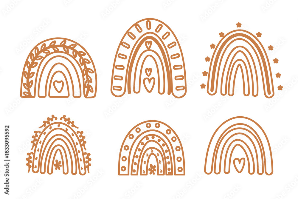 Obraz premium Terracotta outline boho rainbow set. Warm earthy minimalist shapes for invitations and decor
