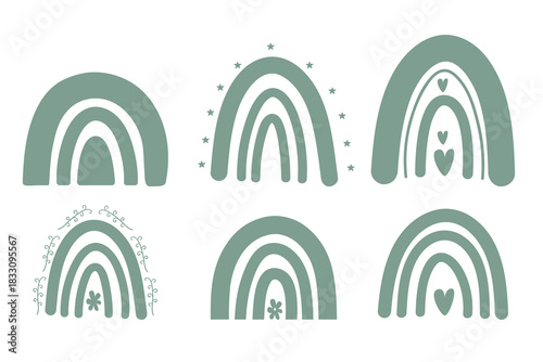 Green silhouette boho rainbow set. Soft earthy minimalist shapes for nursery art