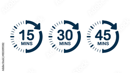 Three circular icons depicting time intervals of 15, 30, and 45 minutes, suggesting scheduling or duration options.