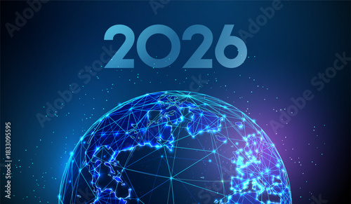 2026 New Year greeting card with planet. Global unity, sustainability, environmental awareness, international development, world progress, future innovation concept.