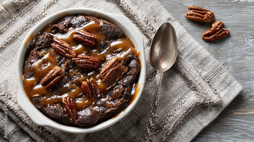 Fototapeta premium A cozy flat lay of chocolate cobbler with caramel drizzle and pecans, rustic linen backdrop