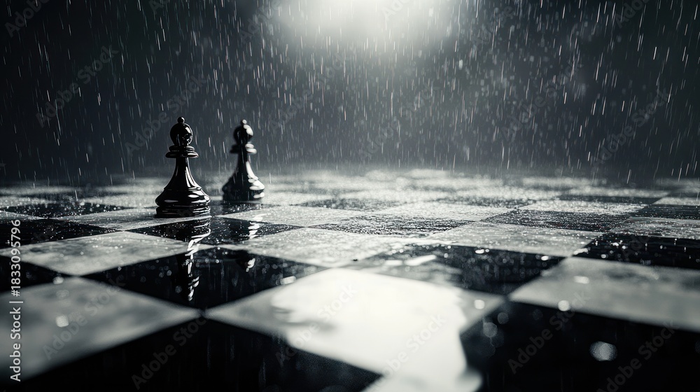 Obraz premium Chessboard with pieces in dramatic lighting