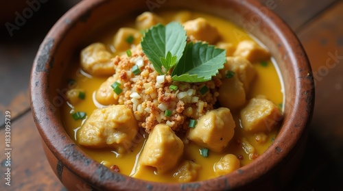 Fototapeta Naklejka Na Ścianę i Meble -  A Rustic Wooden Bowl of Creamy Yellow Tofu Curry.