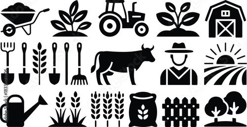 Collection of black and white farm icons depicting agriculture livestock and farming equipment perfect for illustrating rural life and agricultural practices in a simple style