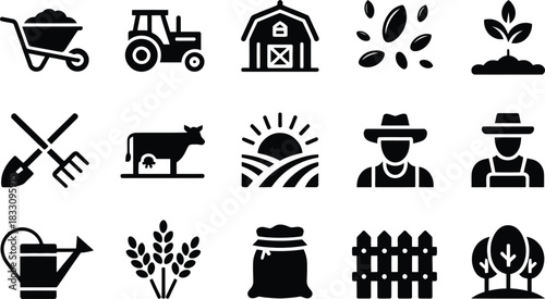 Set of farm and agriculture icons in solid style depicting farming equipment animals crops and farmers for graphic design and web design projects