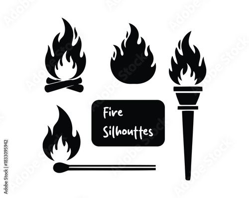 Diverse black fire silhouettes collection, showcasing blazing torch, glowing match, and crackling campfire flames. Graphic elements symbolizing heat, light, and energy
