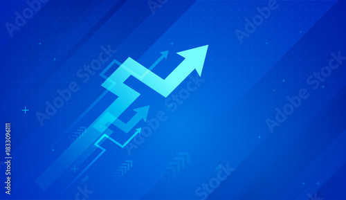 A dynamic blue background with upward-pointing arrows representing growth, progress, and strong financial performance. and Arrows chart illustrates strong financial growth