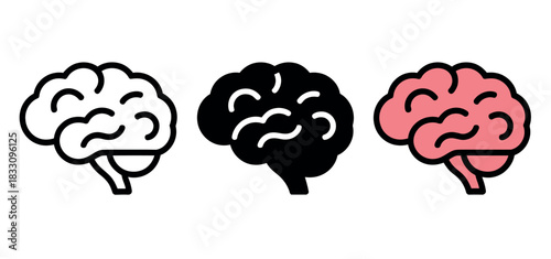 Three stylized icons of a human brain in outline, solid black, and pink color variations represent science, thought, and cognition.