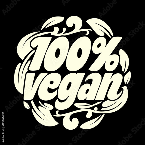 100 percent vegan text with leaf design lettering organic