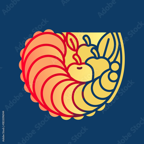 Abstract fruit and leaf design in red yellow and blue